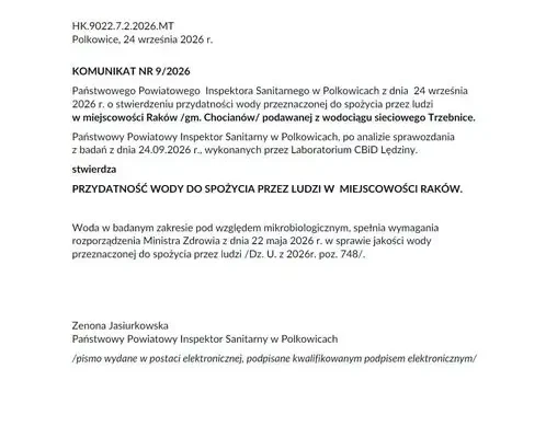 Woda w Chocianowie i Rakowie znów bezpieczna – sanepid potwierdza pełną przydatność do spożycia