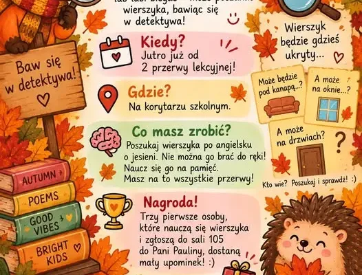 Jesienna zabawa w detektywa dla klas 1–3 – poszukiwanie angielskiego wierszyka na szkolnych korytarzach