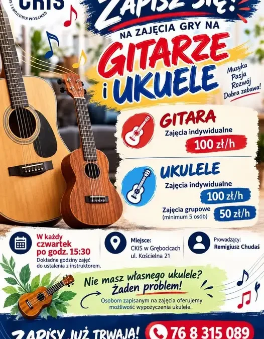 Nauka gry na gitarze i ukulele w Grębocicach – trwają zapisy