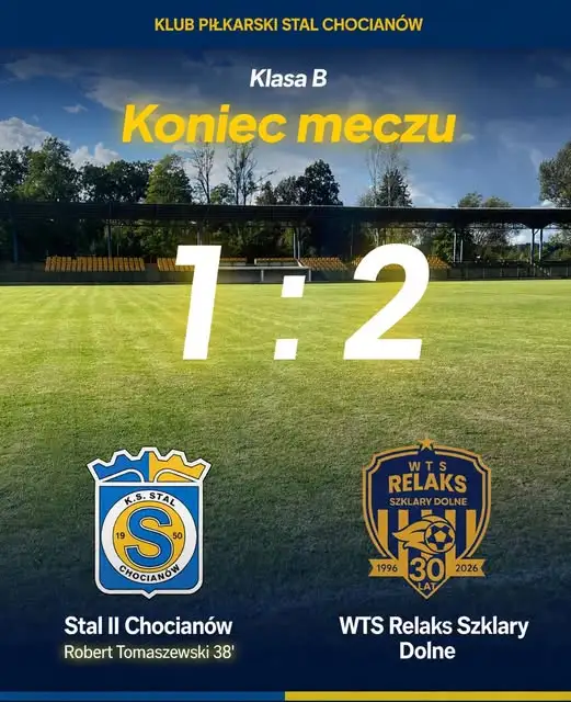 Stal II Chocianów przegrywa z WTS Relaks Szklary Dolne 1:2 w klasie B
