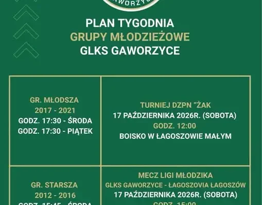 GLKS Gaworzyce: plan tygodnia grup młodzieżowych i mecze ligowe