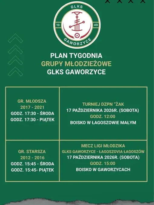 GLKS Gaworzyce: plan tygodnia grup młodzieżowych i mecze ligowe