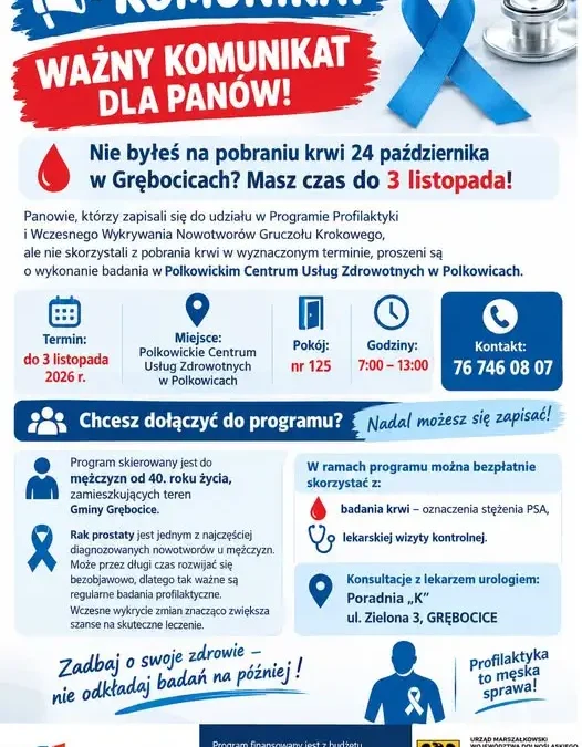 Masz czas do 3 listopada! Zaległe badanie PSA dla panów z Gminy Grębocice